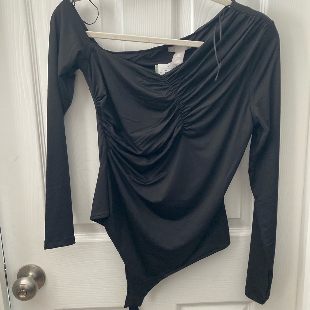 H&M Black Asymmetrical Ruched Bodysuit